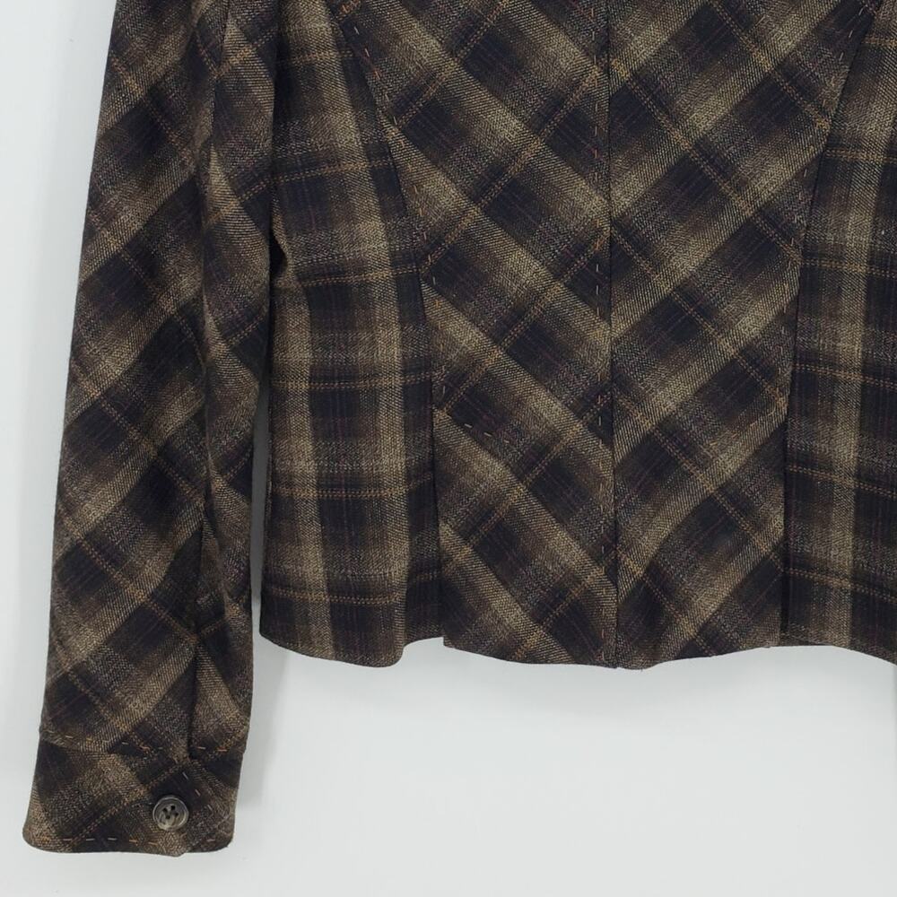 BCBGMaxazria Y2K Plaid Blazer Jacket XS Wool Ruffle Collar Brown Black BCBG - Picture 8 of 9